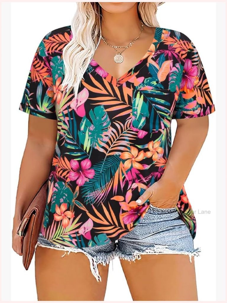 Plus Size V-Neck Short Sleeve Tunic Tee - Floral Tie Dye Camo Summer Top
